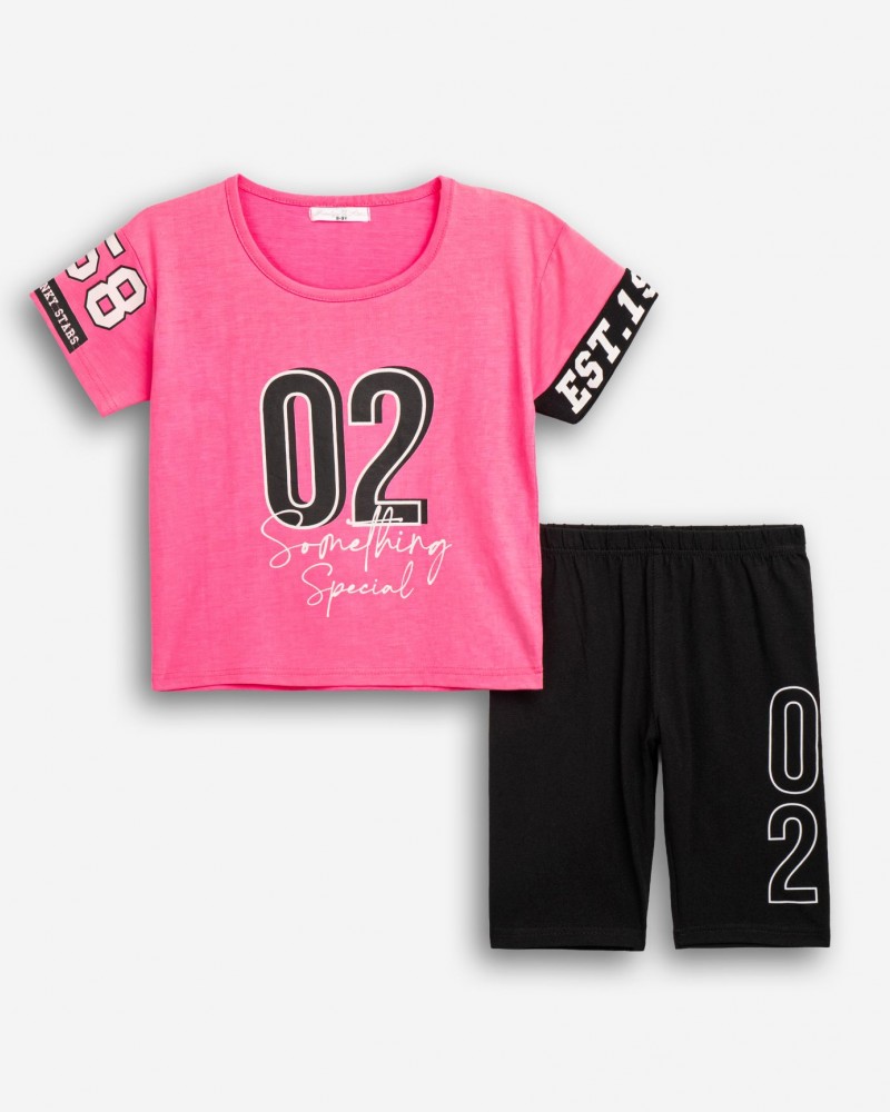 Εφηβικό Σετ με Μπλούζα 02 Και Ποδηλατικό Κολάν Κορίτσι (6-16) -Neon Ροζ- 