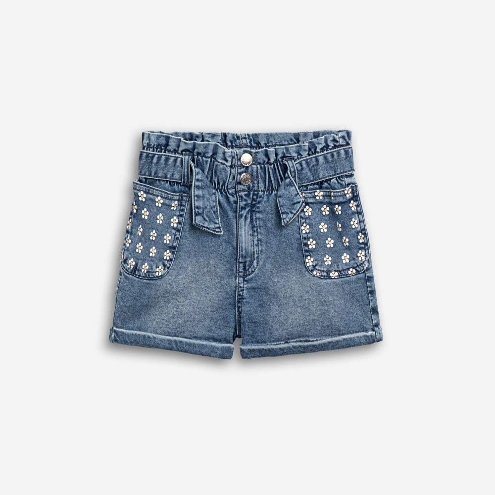 Εφηβικό Σορτς Jean Μαλακό Με Τύπωμα Ανθάκια και Ζώνη Κορίτσι (6-16) -Μπλε Τζιν- 126-532106-1