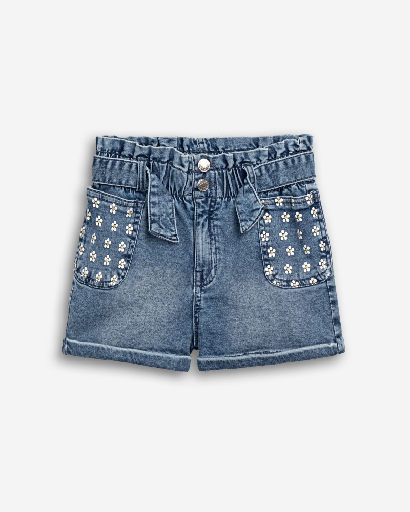 Εφηβικό Σορτς Jean Μαλακό Με Τύπωμα Ανθάκια και Ζώνη Κορίτσι (6-16) -Μπλε Τζιν- 