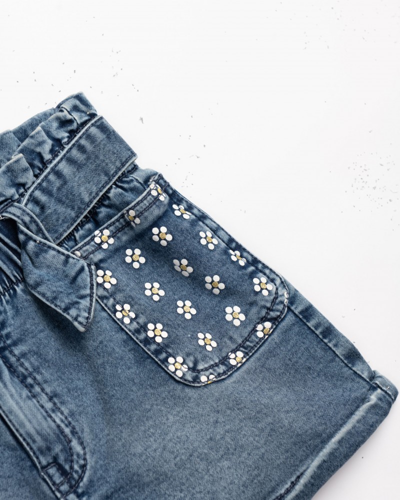 Εφηβικό Σορτς Jean Μαλακό Με Τύπωμα Ανθάκια και Ζώνη Κορίτσι (6-16) -Μπλε Τζιν- 