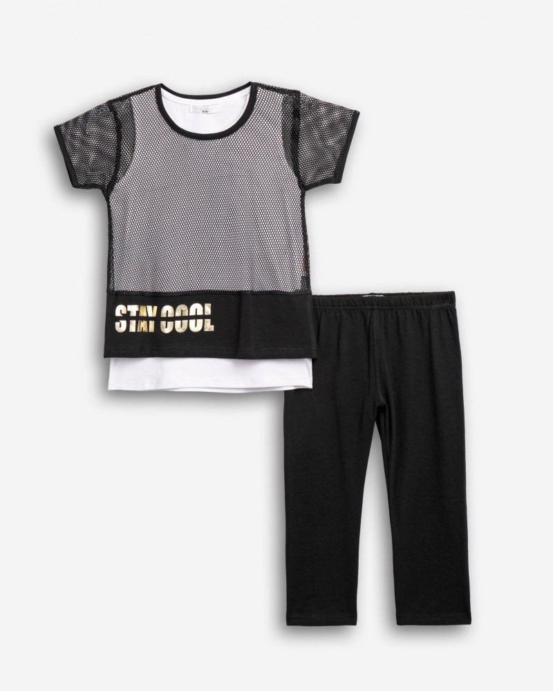 Εφηβικό Σετ 3 Τμχ με Μπλούζα Δίχτυ Stay Cool, Αμάνικη Και Κολάν Κάπρι Κορίτσι (6-16) -Μαύρο- 