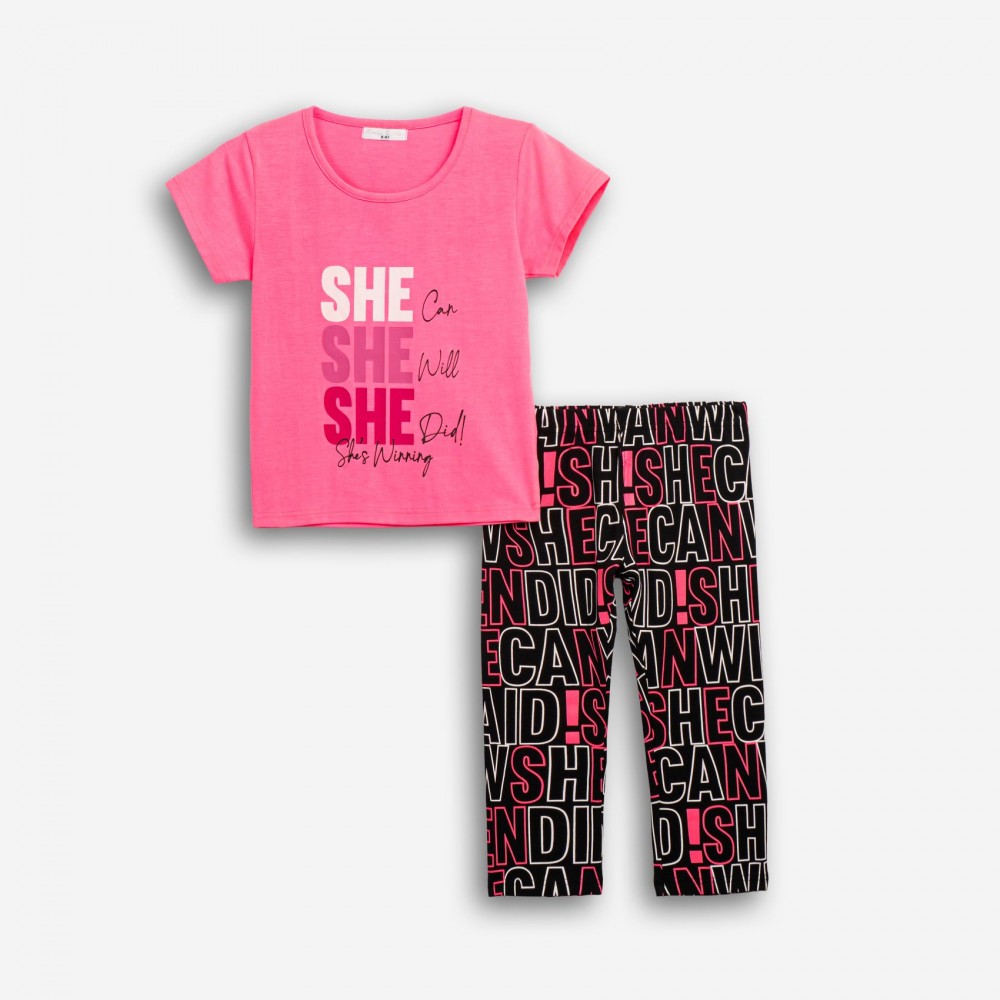 Εφηβικό Μακό Σετ με Μπλούζα she Και Κολάν Κάπρι Κορίτσι (6-16) -Φωσφορούχο Ροζ- 126-539104-1