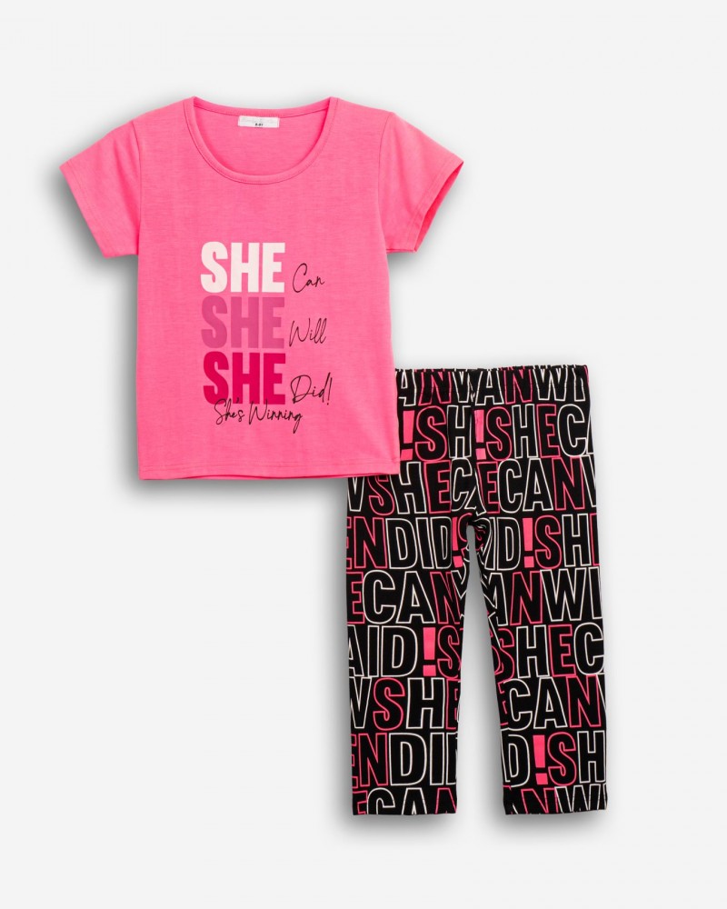 Εφηβικό Μακό Σετ με Μπλούζα She Και Κολάν Κάπρι Κορίτσι (6-16) -Φωσφορούχο Ροζ- 