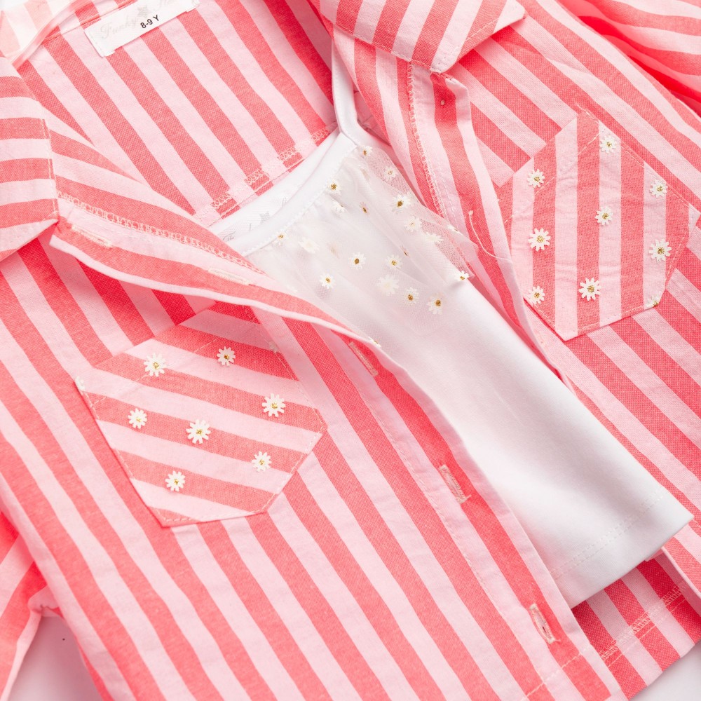 Εφηβικό Σετ Ριγέ 3Τμχ με Πουκάμισο, Τοπ Τιράντα Και Σορτς Κορίτσι (6-16) -Λευκό/Ροζ- 