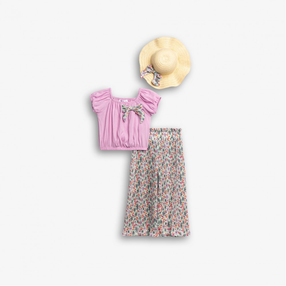 Παιδικό Σετ 3Τμχ με Μπλούζα Top, Παντελόνα Floral και Καπέλο Κορίτσι (2-6) -Λιλά- 126-723104-1