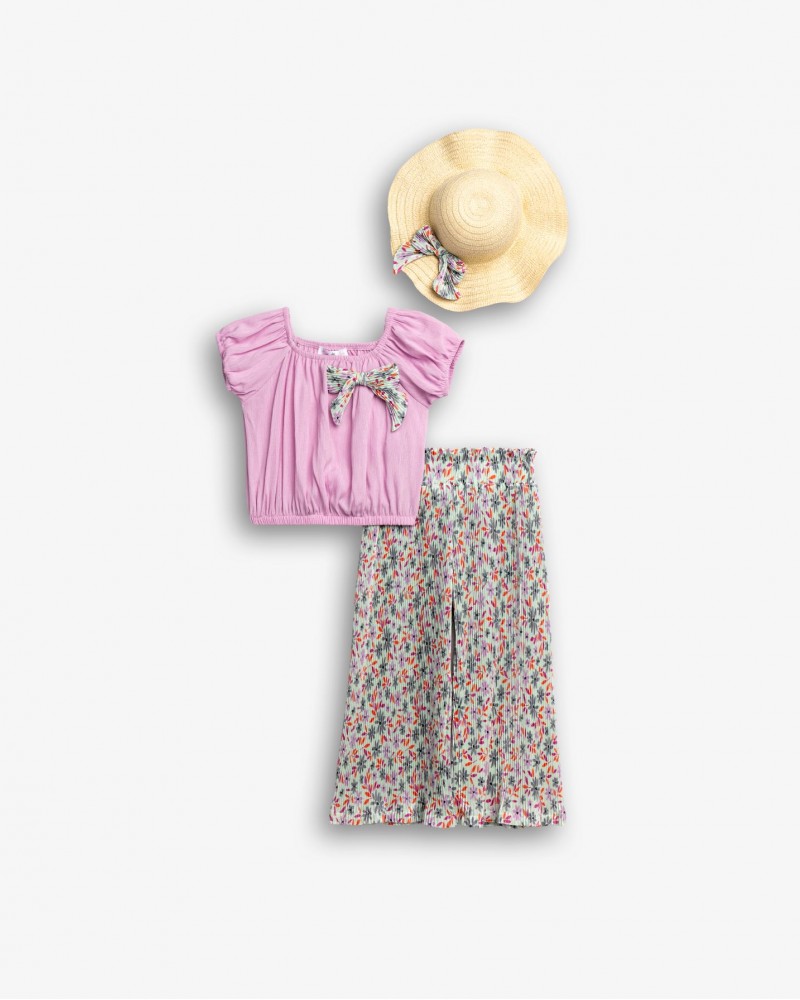 Παιδικό Σετ 3Τμχ με Μπλούζα Top, Παντελόνα Floral και Καπέλο Κορίτσι (2-6) -Λιλά- 