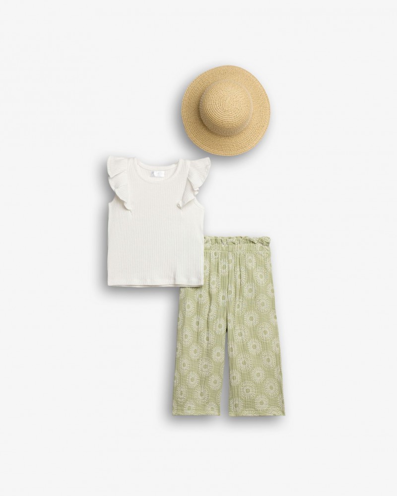 Παιδικό Σετ 3Τμχ με Μπλούζα Ριπ, Παντελόνα και Καπέλο Κορίτσι (2-6) -Εκρού- 