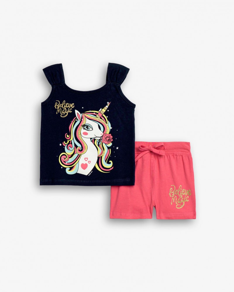 Παιδικό Σετ με Μπλούζα Μονόκερος και Σορτς Κορίτσι (2-6) -Μπλε- 