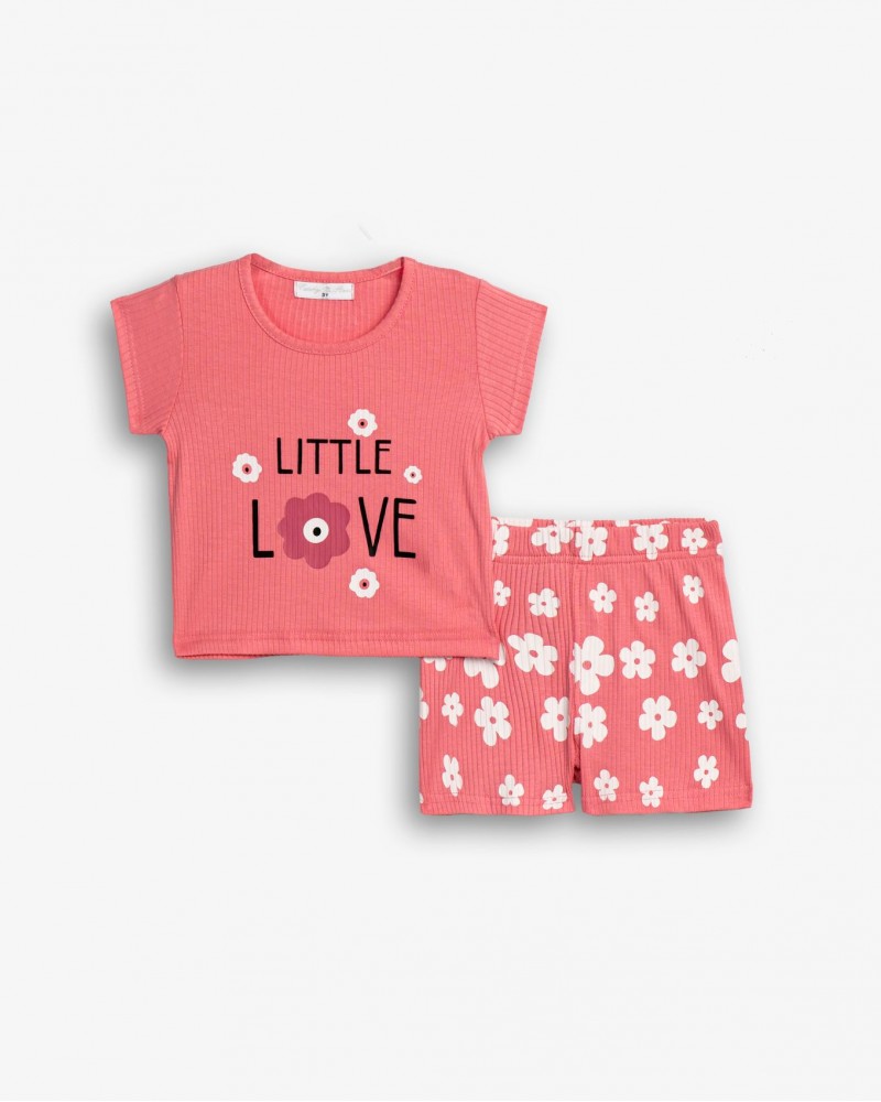 Παιδικό Σετ Ριπ με Μπλούζα Little Love και Σορτς Κορίτσι (2-6) -Ρουζ- 