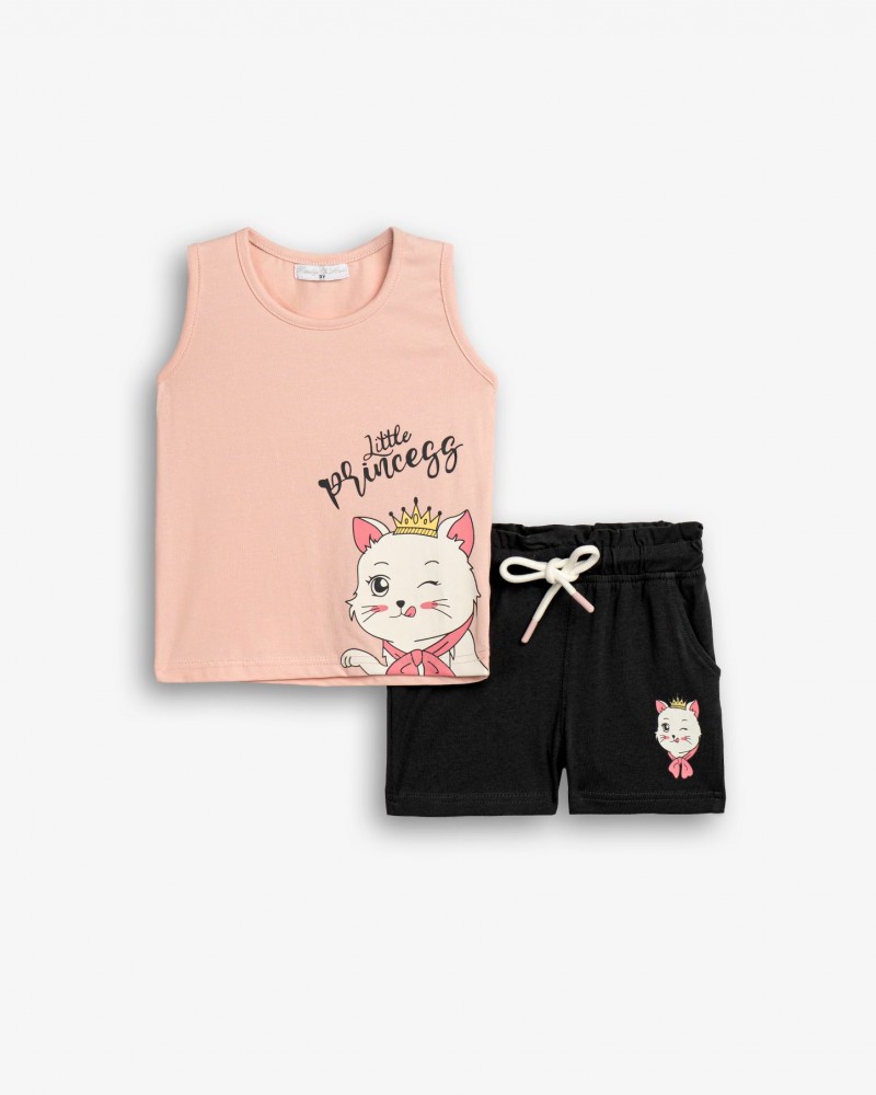 Παιδικό Σετ με Αμάνικη Μπλούζα Γατούλα Little Princess και Σορτς Κορίτσι (2-6) -Πούδρα- 