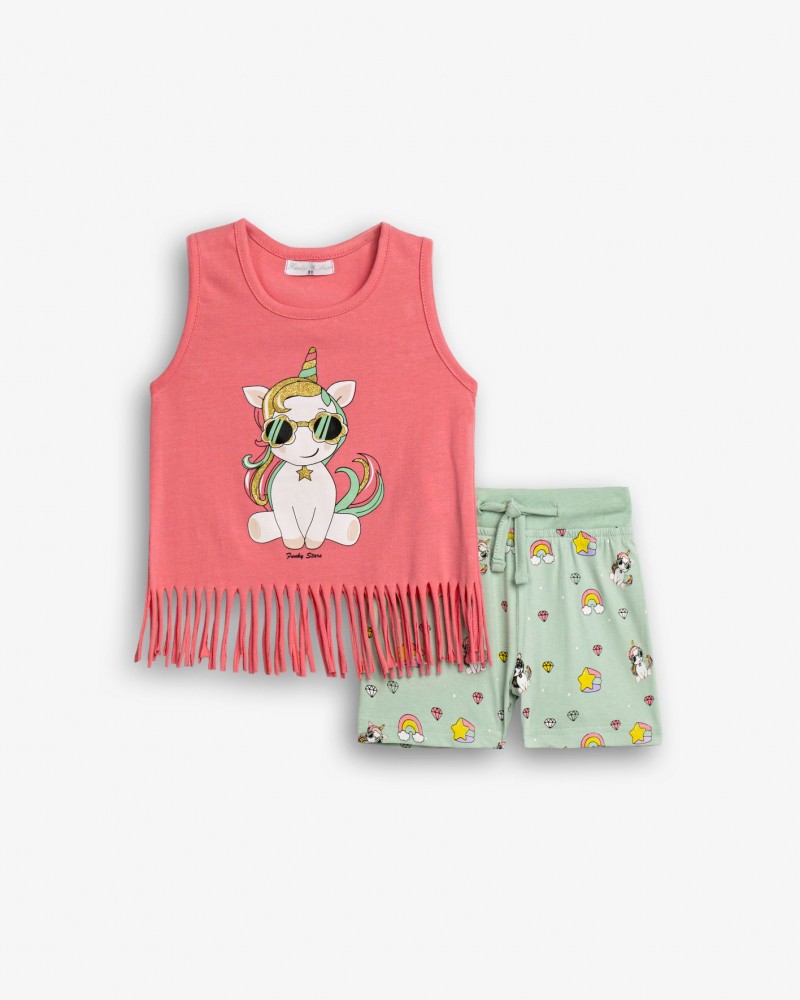 Παιδικό Σετ Μπλούζα με Κρόσια Μονόκερος και Σορτς Κορίτσι (2-6) -Φυστικί- 