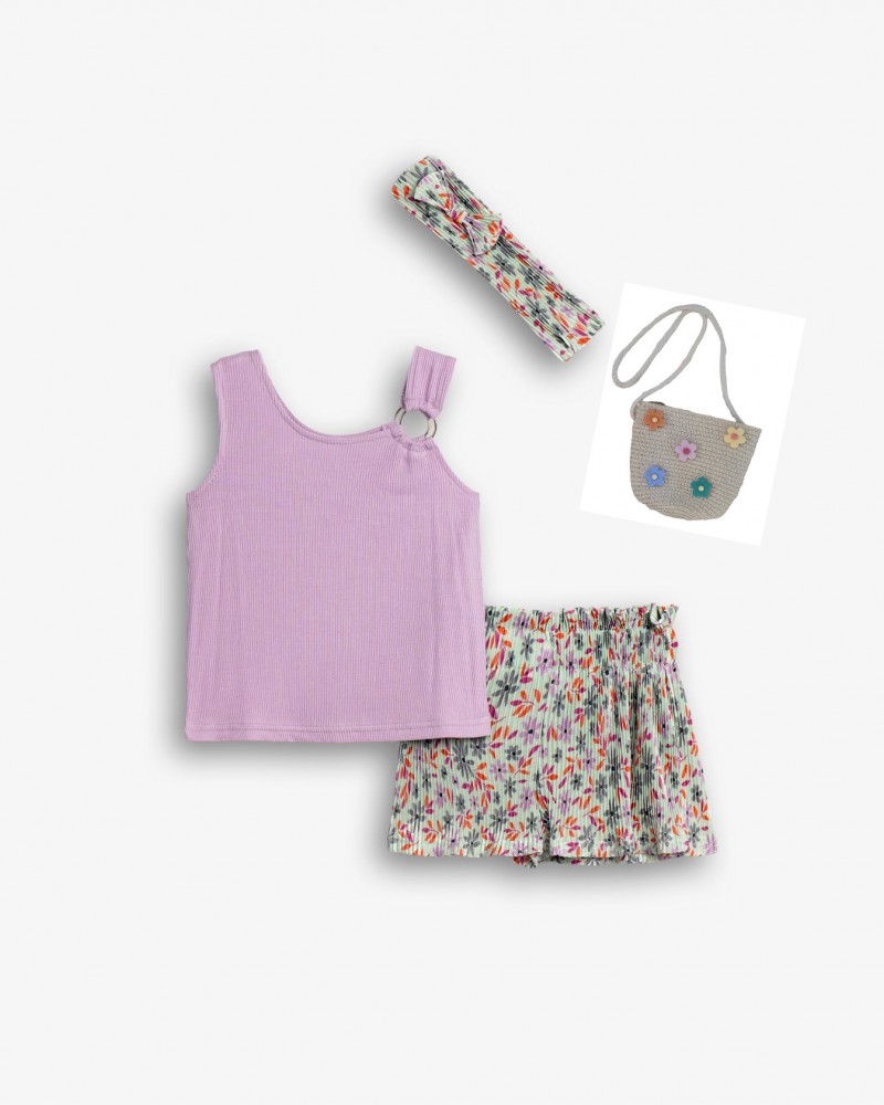 Παιδικό Σετ 4Τμχ με Μπλούζα Αμάνικη, Σορτς Floral, Κορδέλα και Τσαντάκι Κορίτσι (2-6) -Λιλά- 