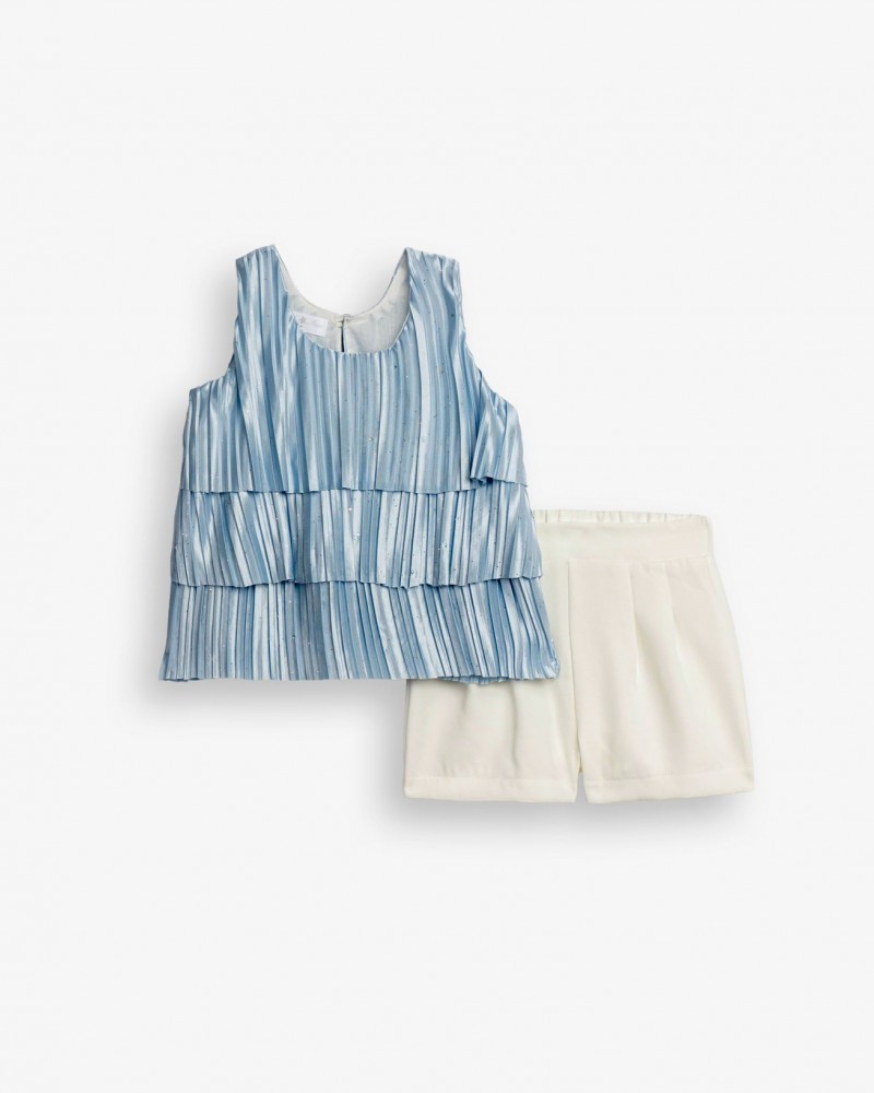 Παιδικό Σετ Μπλούζα Αμάνικη με Στρας και Σορτς Κορίτσι (2-6) –Σιελ/Λευκό– 