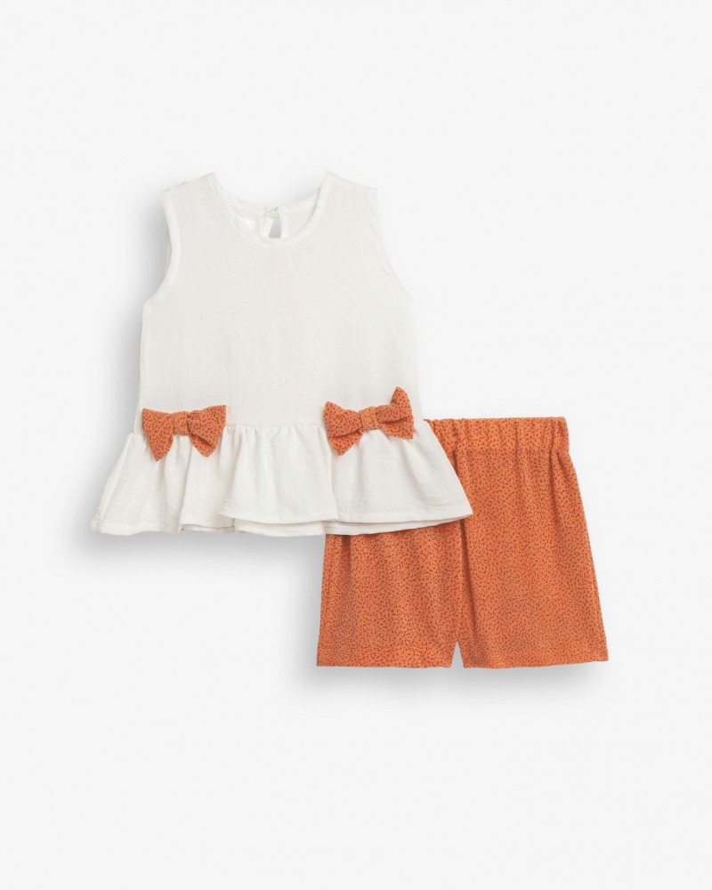 Παιδικό Σετ Μπλούζα Αμάνικη με Φιογκάκια και Σορτς με Μεταλλική Λάμψη Κορίτσι (2-6) –Εκρού– 