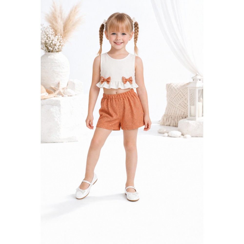 Παιδικό Σετ Μπλούζα Αμάνικη με Φιογκάκια και Σορτς με Μεταλλική Λάμψη Κορίτσι (2-6) –Εκρού– 126-725124-1