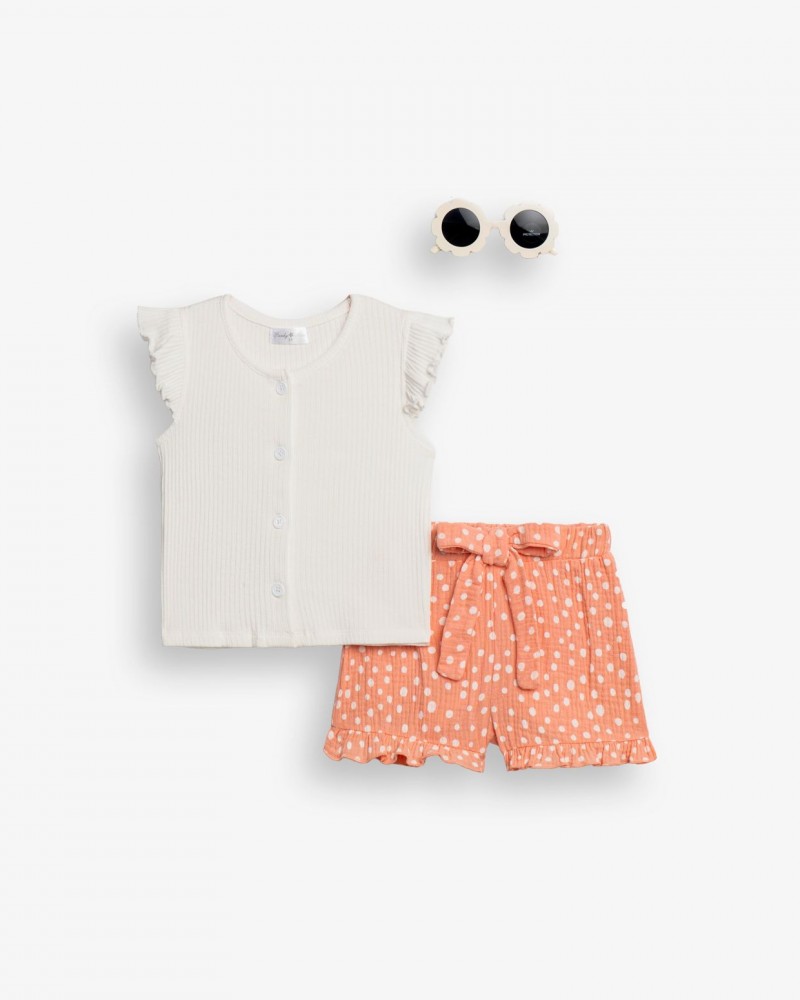Παιδικό Σετ 3Τμχ Μπλούζα με Κουπάκια, Σορτς Πουά και Γυαλιά Κορίτσι (2-6) –Σομόν– 
