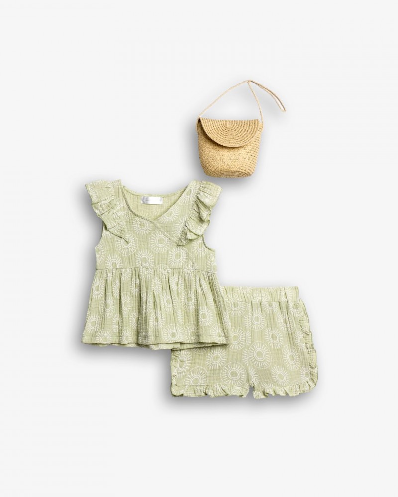 Παιδικό Σετ 3Τμχ με Μπλούζα Allover, Σορτς και Τσαντάκι Κορίτσι (2-6) -Μέντα- 