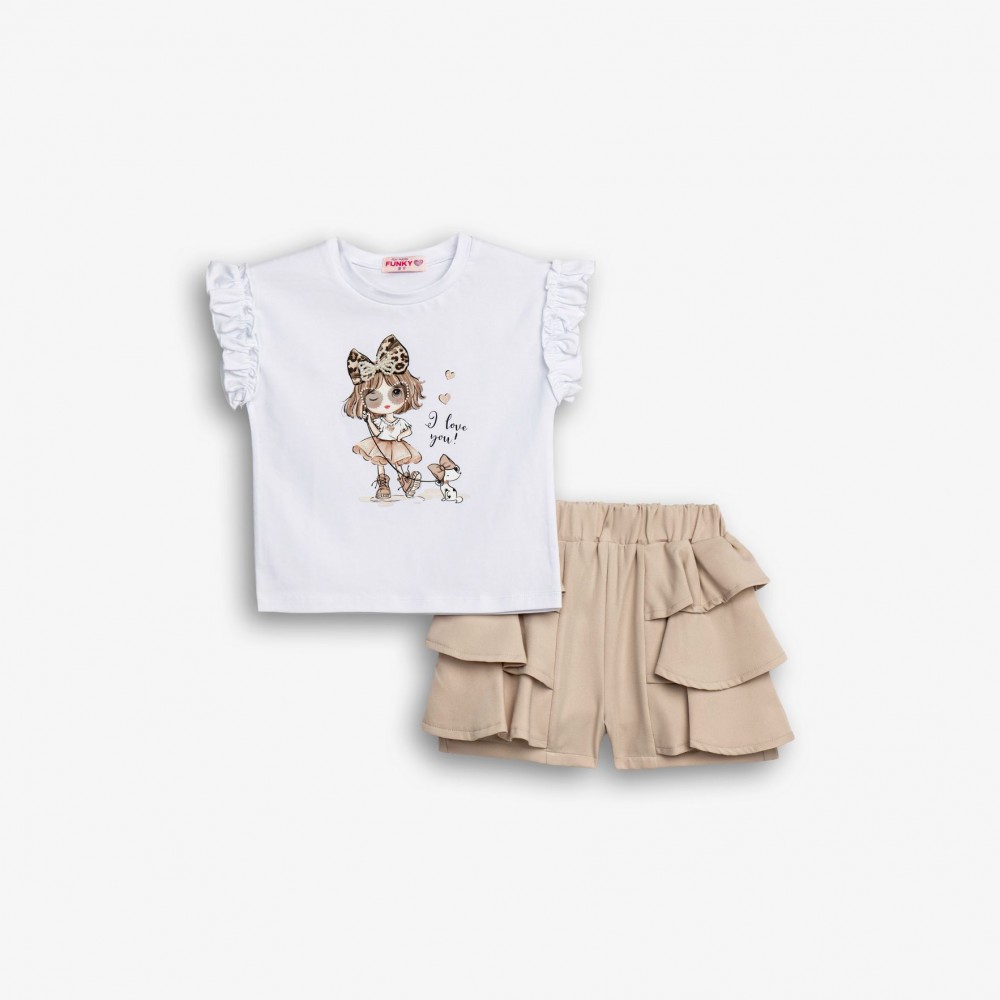 Παιδικό Σετ με Μπλούζα I Love You και Σορτς με Βολάν Κορίτσι (2-6) –Λευκό/Μπεζ– 126-725132-1