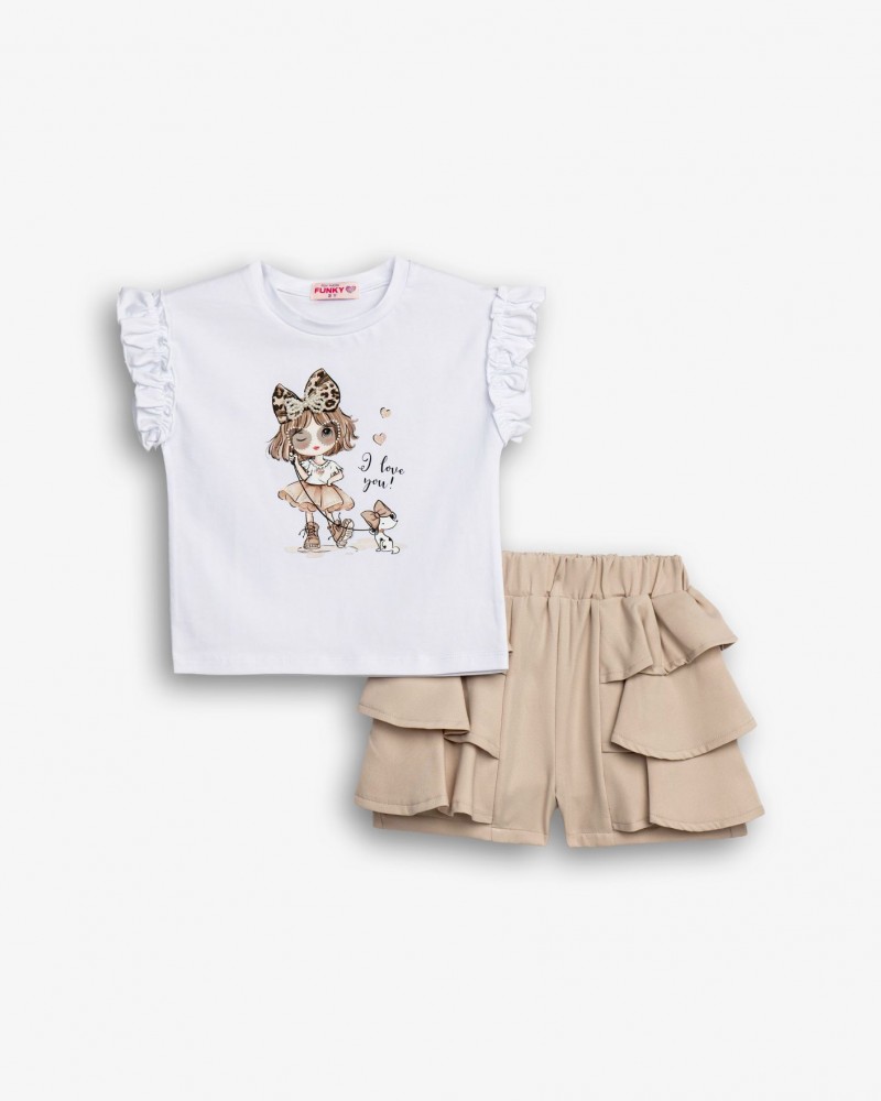 Παιδικό Σετ με Μπλούζα I Love You και Σορτς με Βολάν Κορίτσι (2-6) –Λευκό/Μπεζ– 