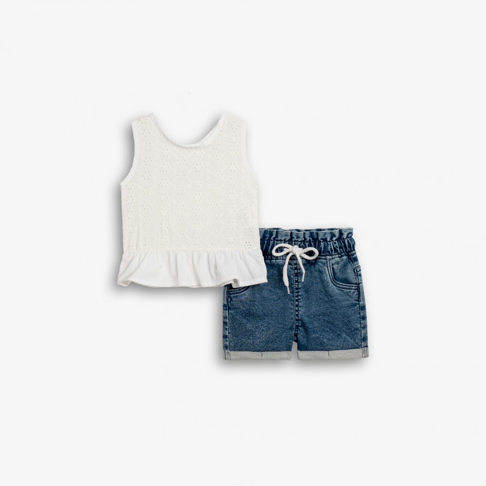 Παιδικό Σετ με Μπλούζα Κηπούρ και Τζιν Σορτς Κορίτσι (2-6) -Λευκό- 126-726102-1