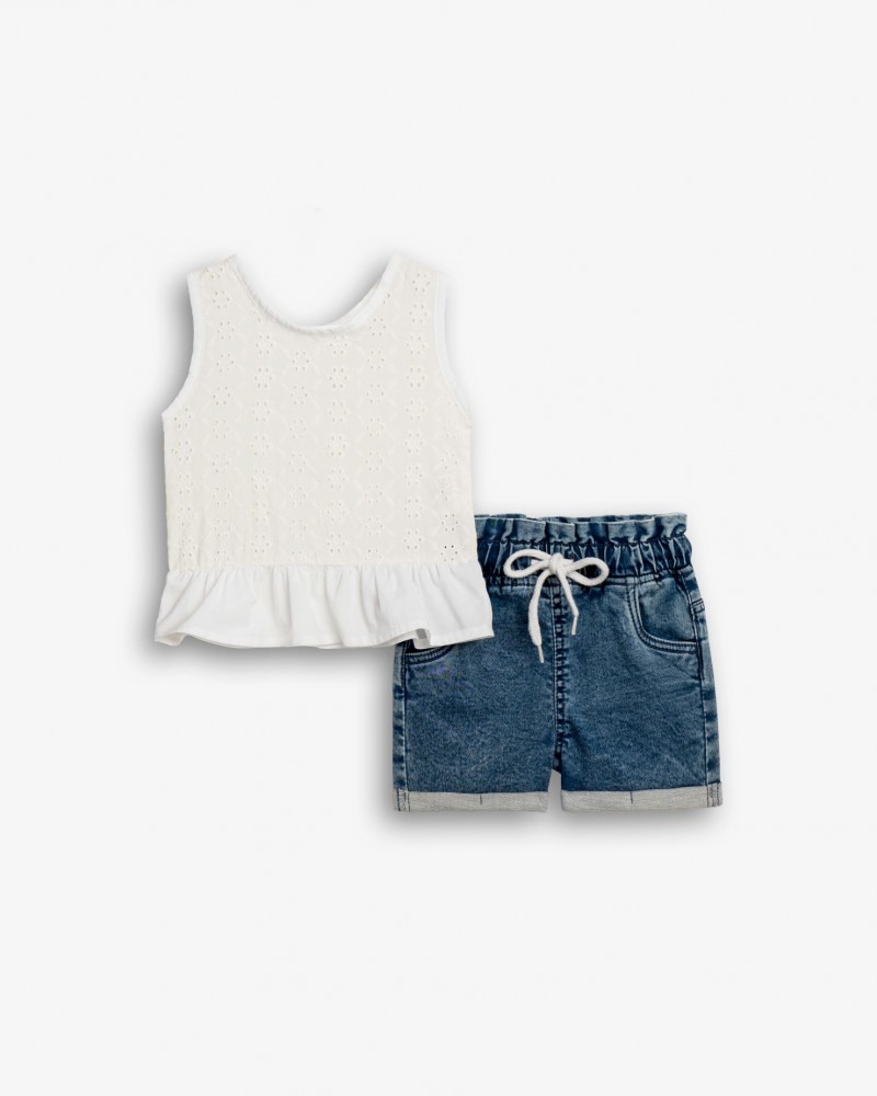 Παιδικό Σετ με Μπλούζα Κηπούρ και Τζιν Σορτς Κορίτσι (2-6) -Λευκό- 