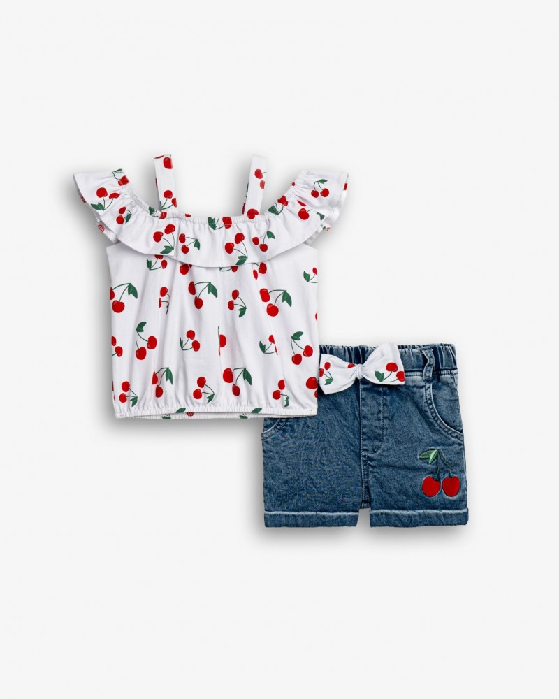 Παιδικό Σετ με Μπλούζα Κερασάκια και Τζιν Σορτς Κορίτσι (2-6) -Εμπριμέ- 