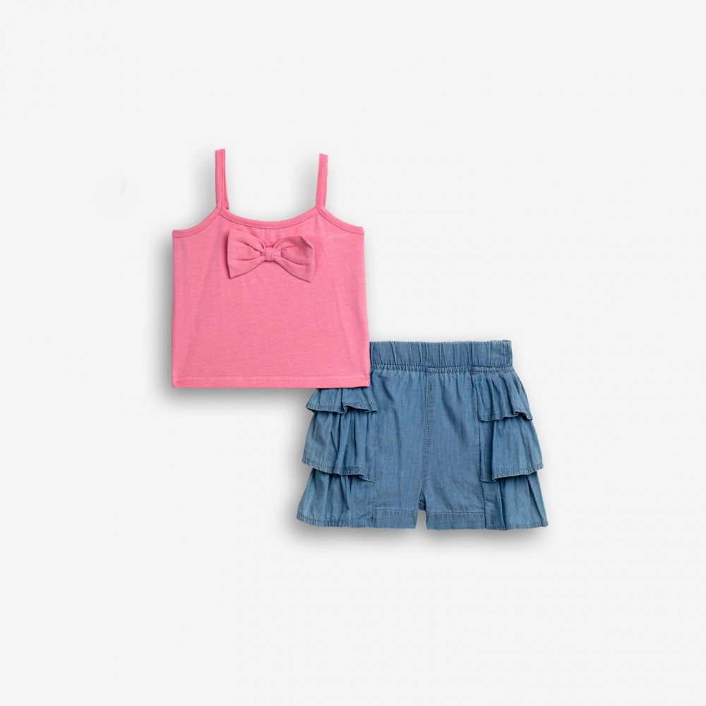 Παιδικό Σετ με Μπλουζάκι Φιογκάκι και Τζιν Σορτς Βολάν Κορίτσι (2-6) -Ρουζ- 126-726108-1