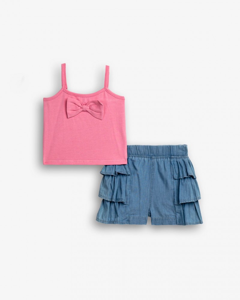 Παιδικό Σετ με Μπλουζάκι Φιογκάκι και Τζιν Σορτς Βολάν Κορίτσι (2-6) -Ρουζ- 
