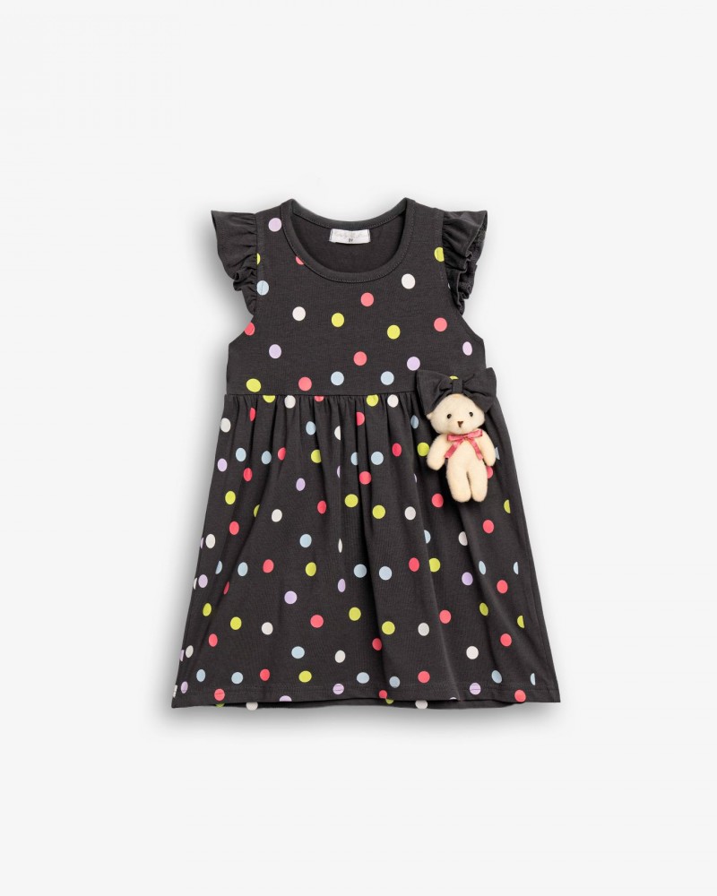 Παιδικό Μακό Φόρεμα Πουά με Αρκουδάκι 3D Κορίτσι (2-6) –Ανθρακί– 
