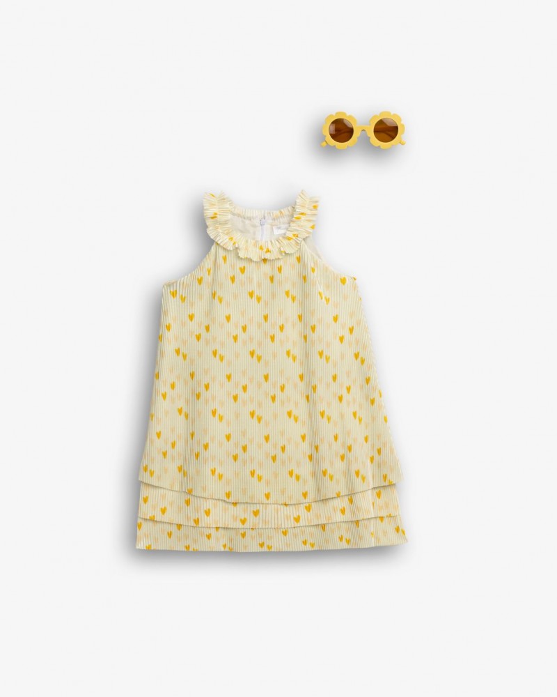 Παιδικό Φόρεμα Πλισέ με Καρδούλες Allover και Γυαλιά Ηλιού Κορίτσι (2-6) –Ανοιχτό Κίτρινο– 