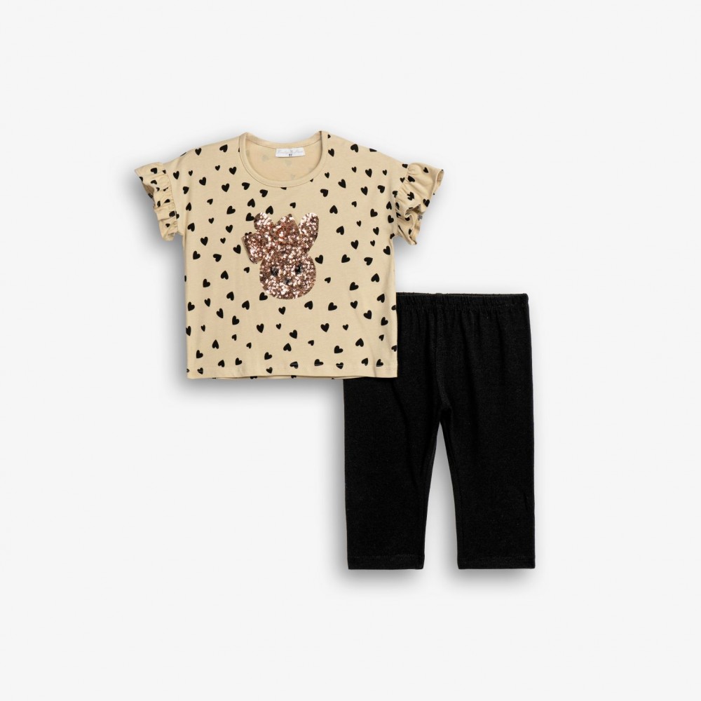 Παιδικό Μακό Σετ με Μπλούζα Κουνελάκι Παγιέτα και Κολάν Κάπρι Κορίτσι (2-6) -Μπεζ- 126-739111-1