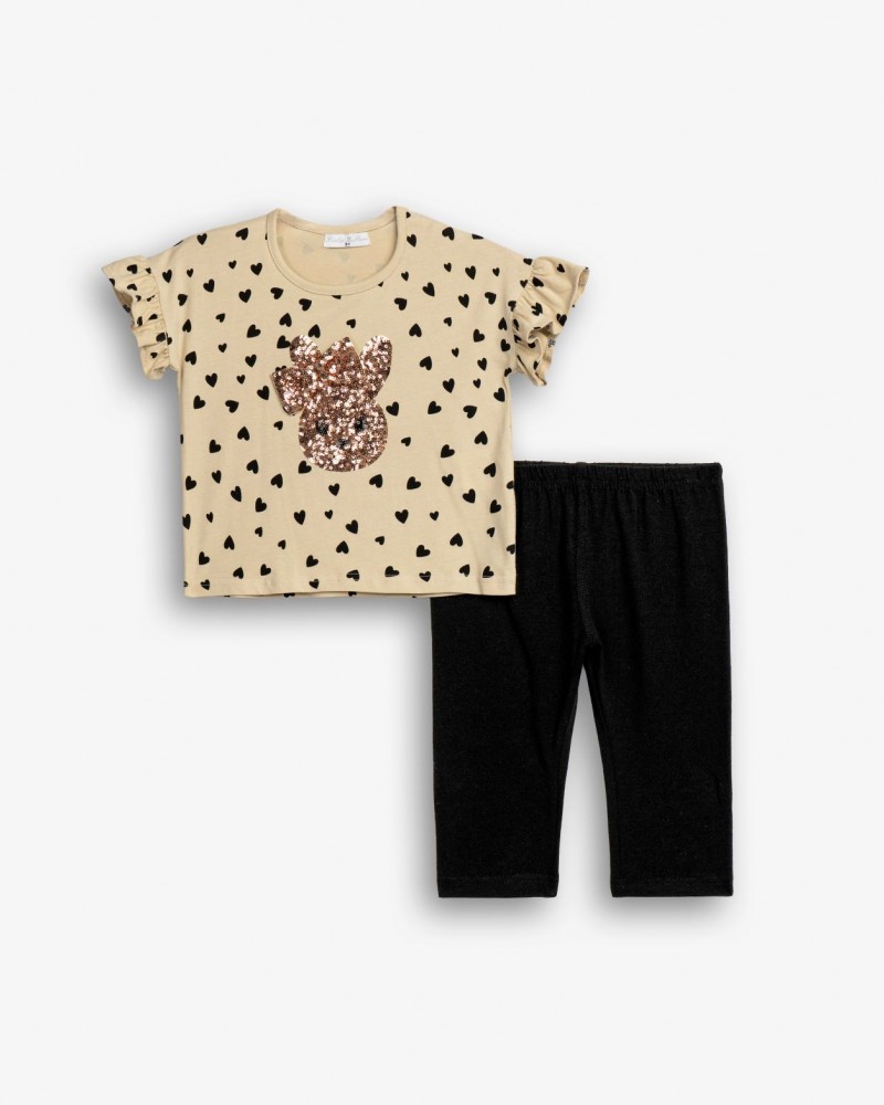 Παιδικό Μακό Σετ με Μπλούζα Κουνελάκι Παγιέτα και Κολάν Κάπρι Κορίτσι (2-6) -Μπεζ- 