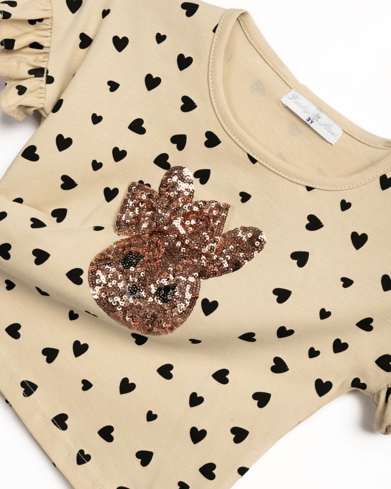 Παιδικό Μακό Σετ με Μπλούζα Κουνελάκι Παγιέτα και Κολάν Κάπρι Κορίτσι (2-6) -Μπεζ- 