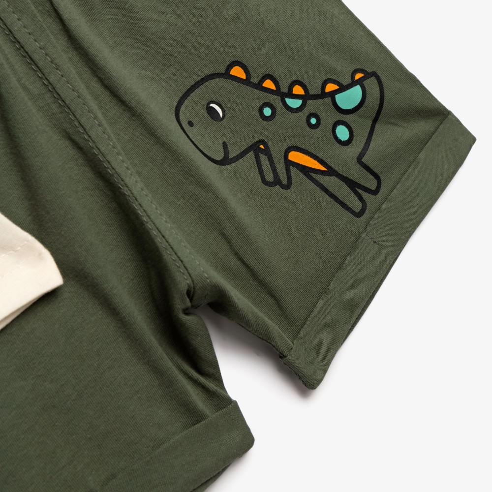Βρεφικό Σετ Μακό με Μπλούζα Δεινοσαυράκια και Βερμούδα Αγόρι (6-24μ) -Χακί- 