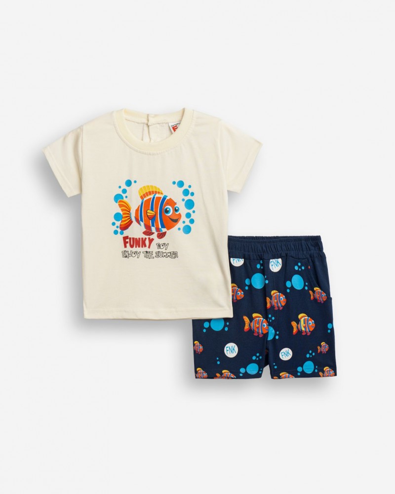 Βρεφικό Σετ Μακό με Μπλούζα Ψαράκι και Βερμούδα Αγόρι (6-24μ) -Εκρού- 