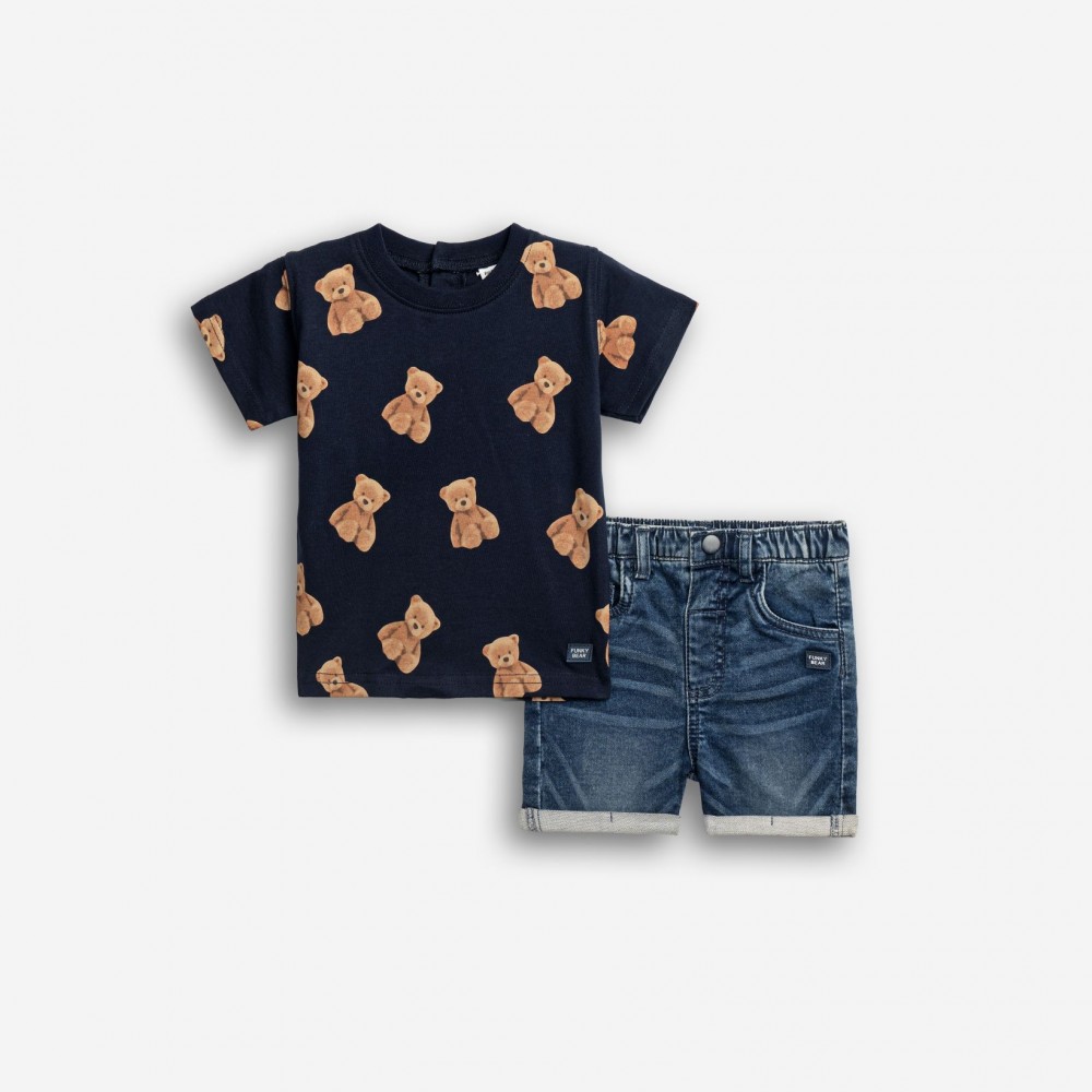Βρεφικό Σετ με Μπλούζα Αρκουδάκια και Τζιν Βερμούδα Αγόρι (6-24μ) –Μπλε– 126-802100-2