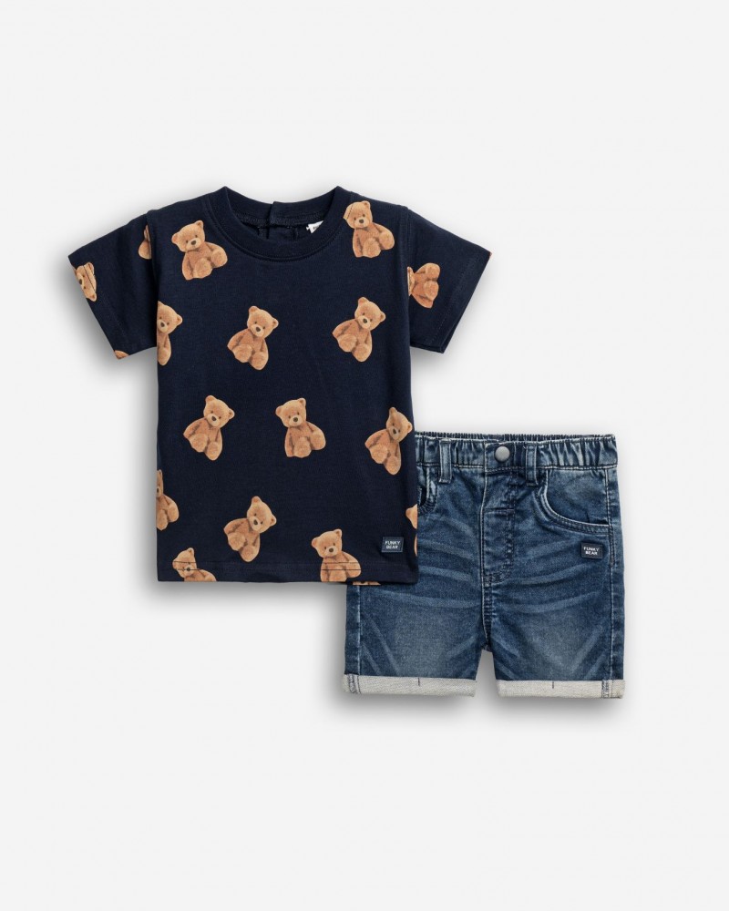 Βρεφικό Σετ με Μπλούζα Αρκουδάκια και Τζιν Βερμούδα Αγόρι (6-24μ) –Μπλε– 
