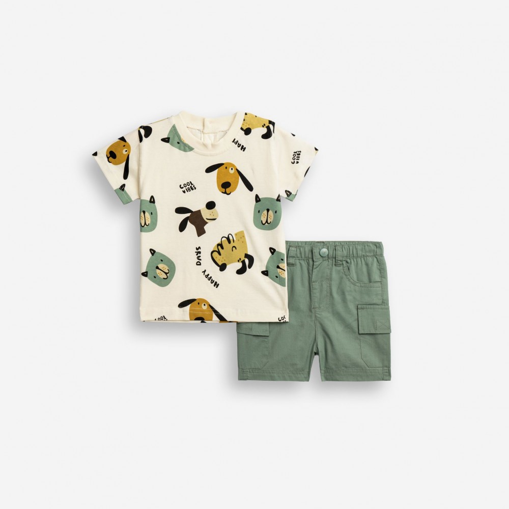 Βρεφικό Σετ με Μπλούζα Happy Days Ζωάκια και Βερμούδα Cargo Αγόρι (6-24μ) -Εκρού- 126-804102-1