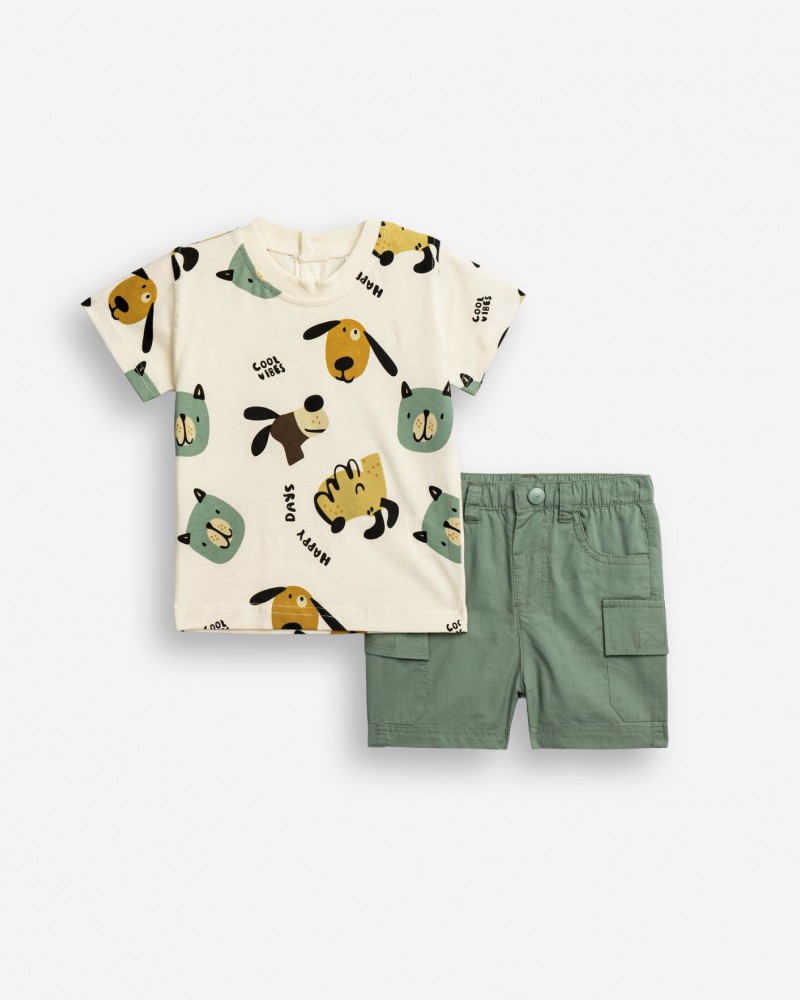 Βρεφικό Σετ με Μπλούζα Happy Days Ζωάκια και Βερμούδα Cargo Αγόρι (6-24μ) -Εκρού- 