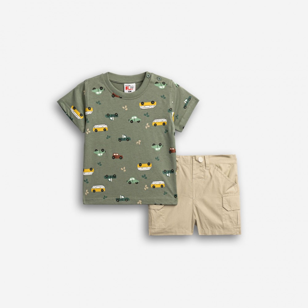 Βρεφικό Σετ με Μπλούζα Αυτοκινητάκια και Βερμούδα Cargo Αγόρι (6-24μ) -Χακί- 126-804106-1