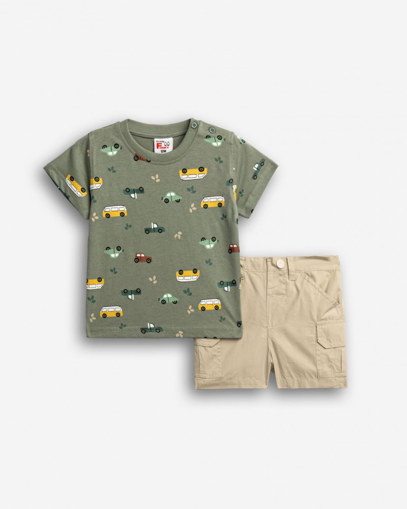 Βρεφικό Σετ με Μπλούζα Αυτοκινητάκια και Βερμούδα Cargo Αγόρι (6-24μ) -Χακί- 