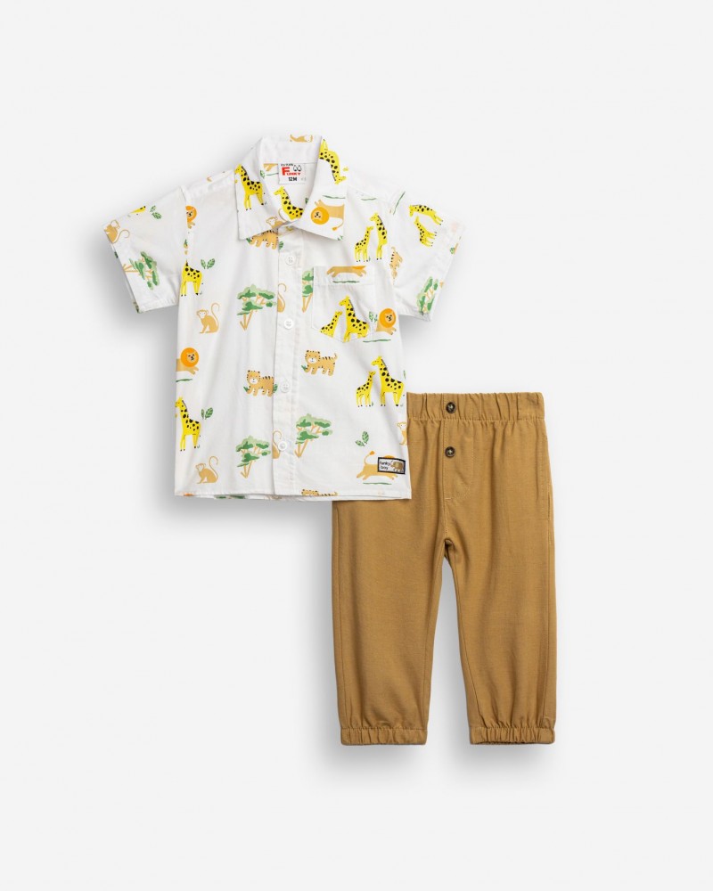 Βρεφικό Σετ με Πουκάμισο Ζούγκλα Ζωάκια Και Παντελόνι Αγόρι (6-24μ) -Μπεζ- 