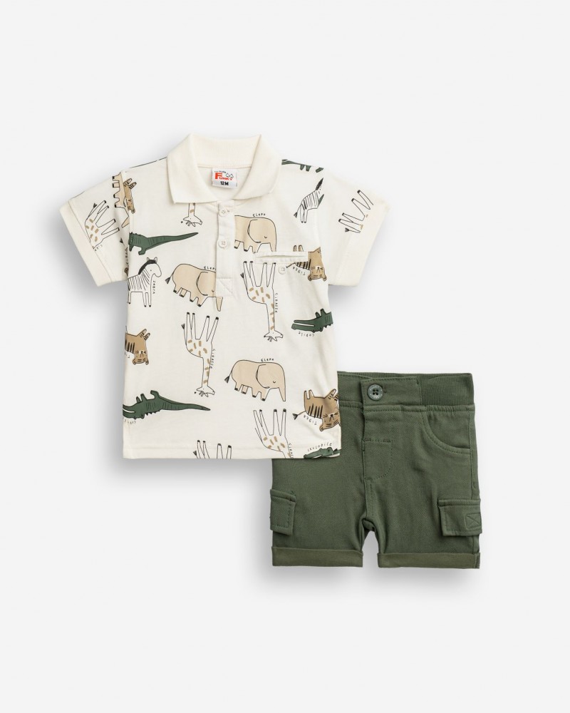 Βρεφικό Σετ με Μπλούζα Πόλο Ζωάκια και Βερμούδα Cargo Αγόρι (6-24μ) -Εκρού- 