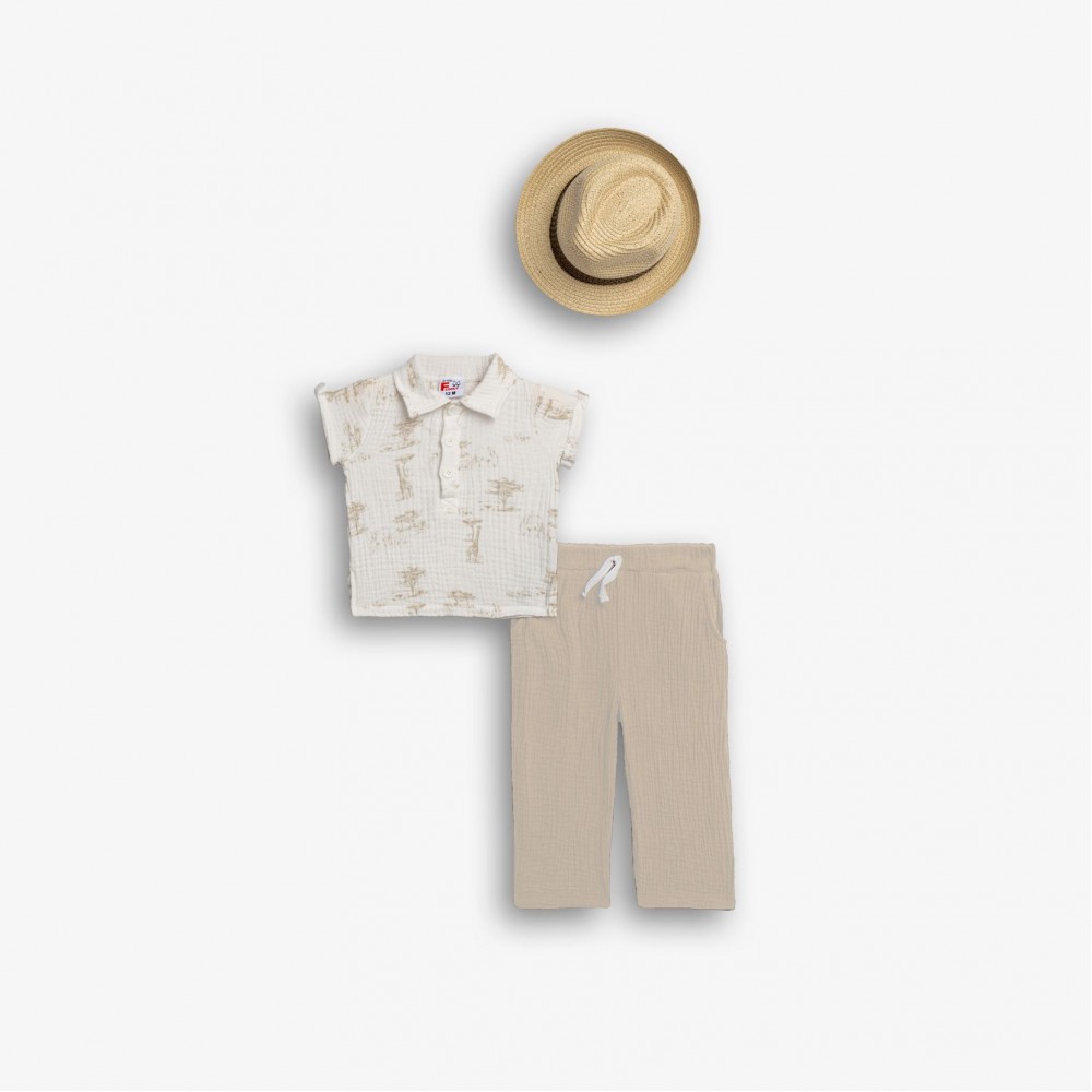 Βρεφικό Σετ 3 Τμχ με Μπούζα Polo, Παντελόνι Και Καπέλο Αγόρι (6-24μ) -Μπεζ- 126-822119-1