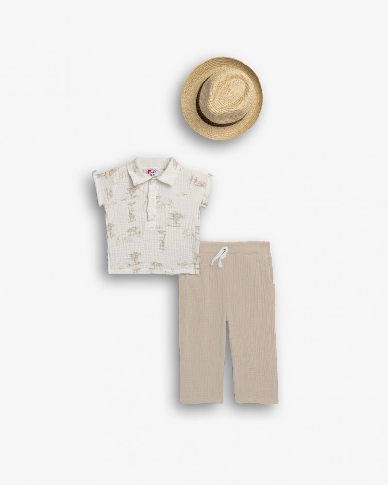 Βρεφικό Σετ 3 Τμχ με Μπούζα Polo, Παντελόνι Και Καπέλο Αγόρι (6-24μ) -Μπεζ- 