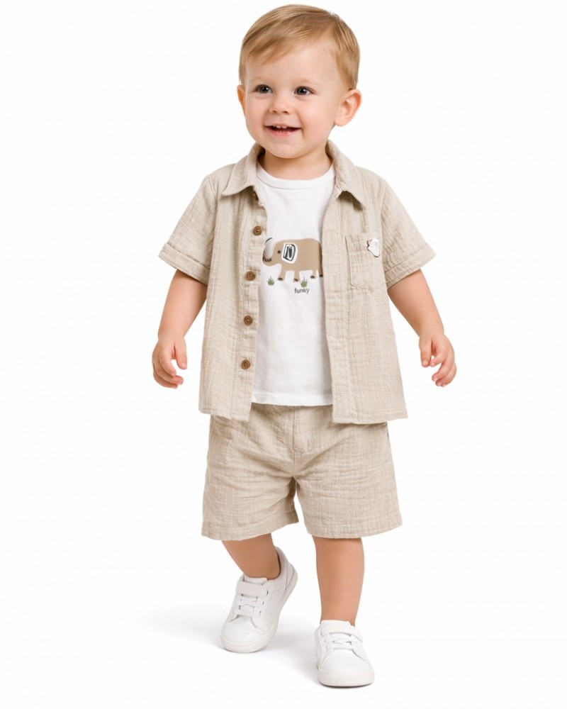 Βρεφικό Σετ 3Τμχ με Πουκάμισο, Μπλούζα Ελεφαντάκι και Βερμούδα Αγόρι (6-24μ) -Μπεζ- 