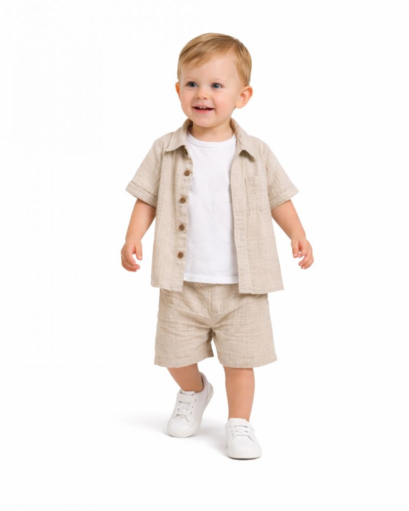 Βρεφικό Σετ 3Τμχ με Πουκάμισο, Μπλούζα Μακό και Βερμούδα Αγόρι (6-24μ) -Μπεζ- 
