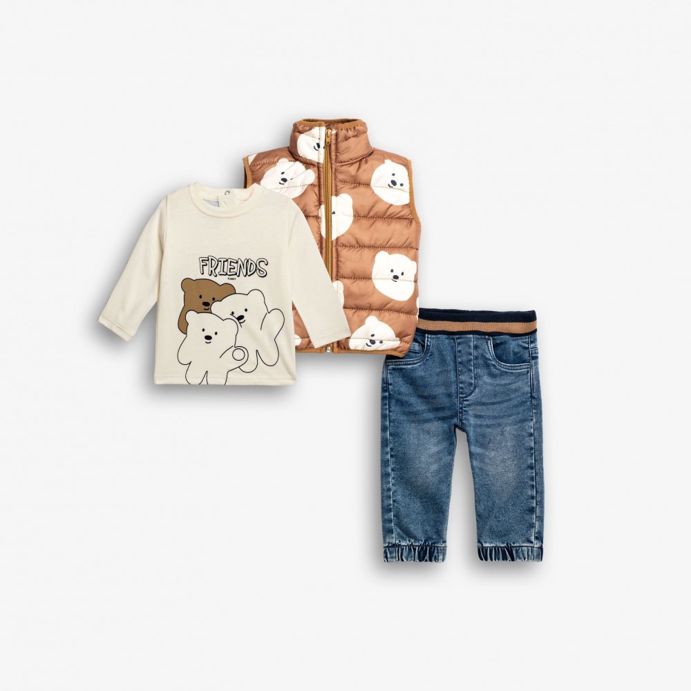 Βρεφικό Σετ 3Τμχ με Αμάνικο Ακουδάκια, Μπλούζα Friends και Παντελόνι Τζιν Αγόρι (6-24μ) -Μόκα- 126-895116-1
