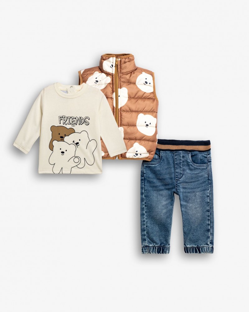 Βρεφικό Σετ 3Τμχ με Αμάνικο Ακουδάκια, Μπλούζα Friends και Παντελόνι Τζιν Αγόρι (6-24μ) -Μόκα- 