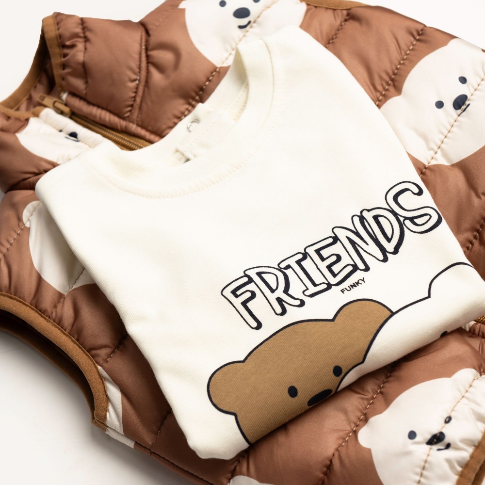 Βρεφικό Σετ 3Τμχ με Αμάνικο Ακουδάκια, Μπλούζα Friends και Παντελόνι Τζιν Αγόρι (6-24μ) -Μόκα- 126-895116-1